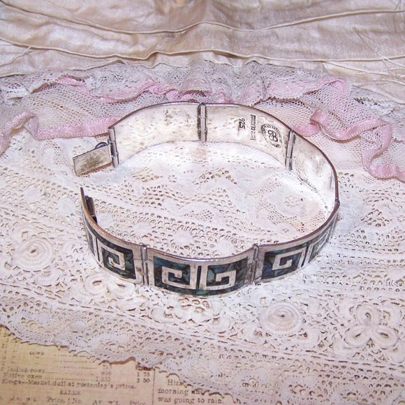 Los Ballesteros Sterling Silver Abalone Inlay Link Bracelet - Greek Key Design - Picture 5 of 9